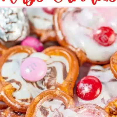 Easy no-bake Valentine's Day pretzel hugs candy recipe pin with text title heading.
