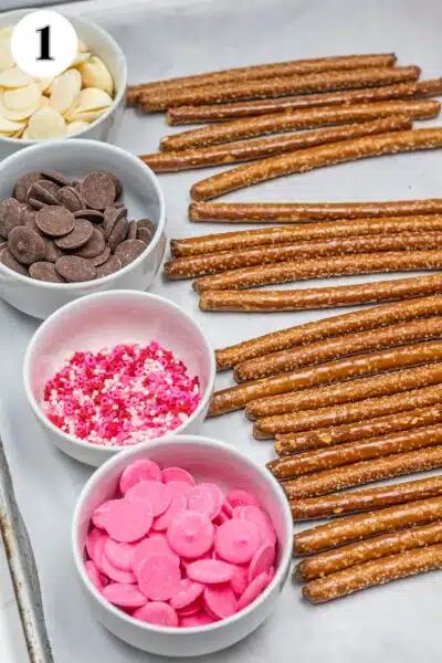 Valentine's Day pretzels process image 1 gathering ingredients and sprinkles.