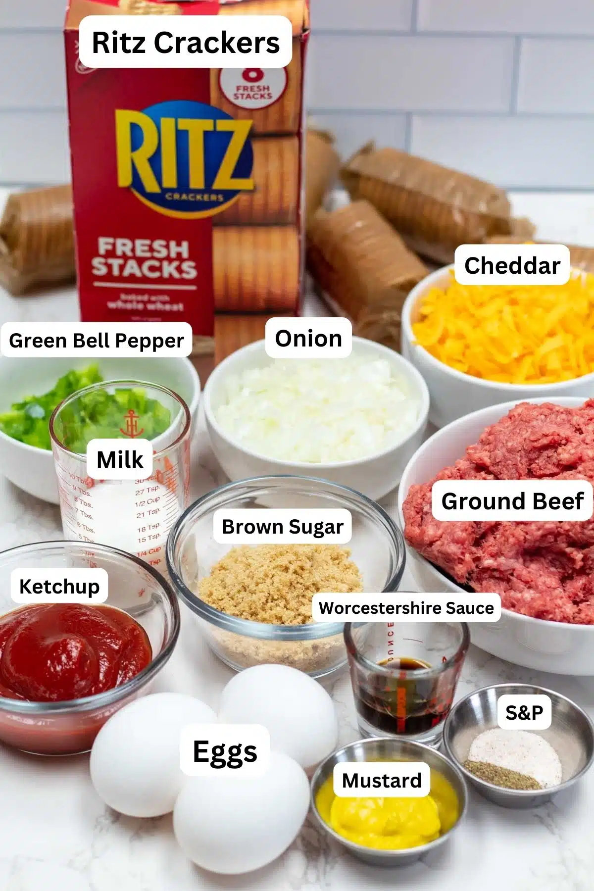 Cracker barrel meatloaf ingredients with labels.