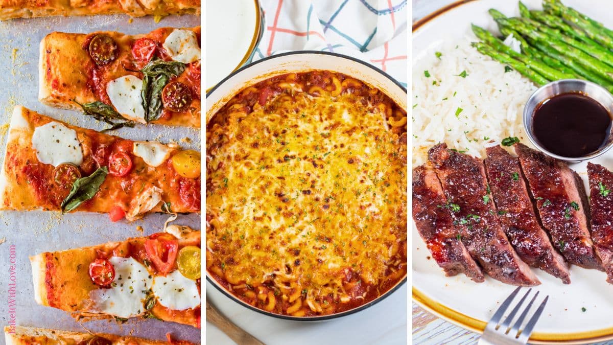 A trio of tall images showing margherita sheet pan pizza with mozzarella, tomato, and basil; beefaroni in a round dish topped with melted cheese; and baked boneless short ribs served with rice, asparagus, and a side of BBQ sauce.