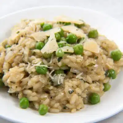 Square image of pea and mint risotto.