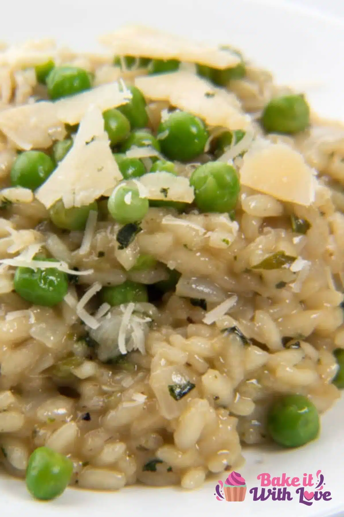 Tall image of pea and mint risotto.