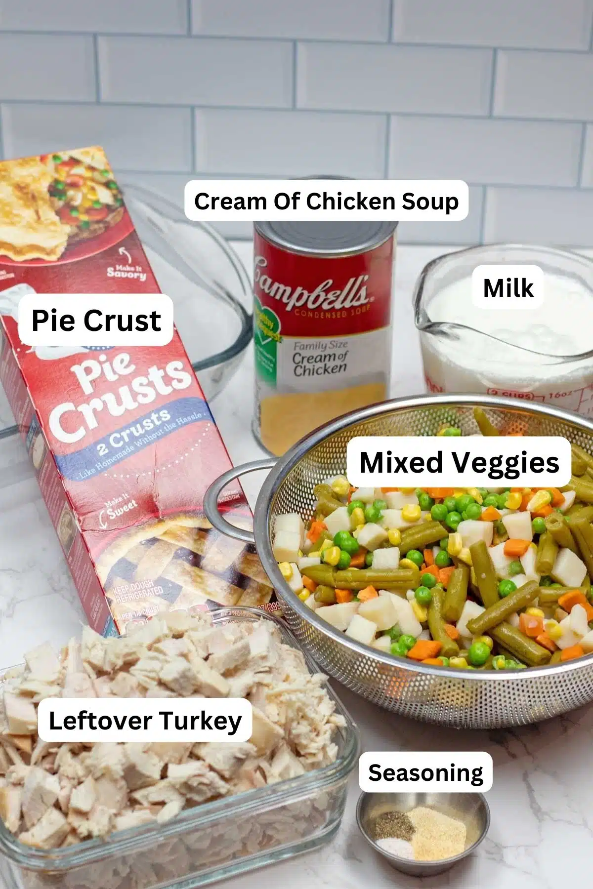 Tall ingredient image of whats needed for leftover turkey pot pie casserole.