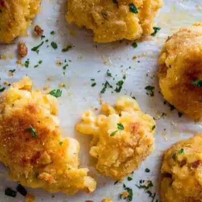 Square image of breaded mac & cheese bites.
