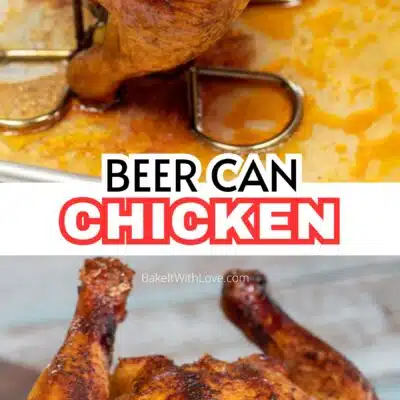 Pin image with text of smoked beer can chicken on a cutting board.