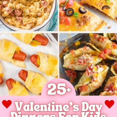 A Valentine's Day Dinners For Kids Pinterest pin with a square four-image collage showing mac and cheese with hot dogs, homemade Taco Bell Mexican pizza, crescent dogs, and taco-stuffed pasta shells with text unterneath.