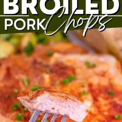 Best broiled pork chops recipe pin with two images of the cooked pork and text title divider.