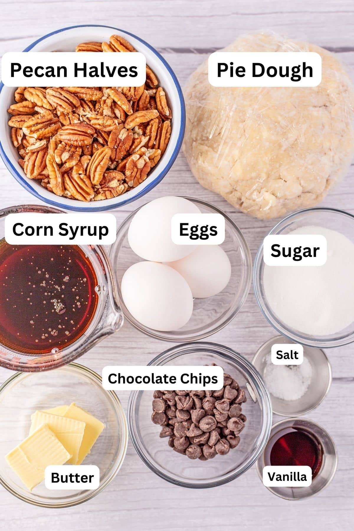 Cracker Barrel chocolate pecan pie copycat recipe ingredients measured out with labels.