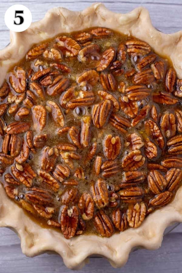 Cracker Barrel chocolate pecan pie copycat recipe process photo 5 pour the pie filling over the pecans and chocolate to fill the pie.