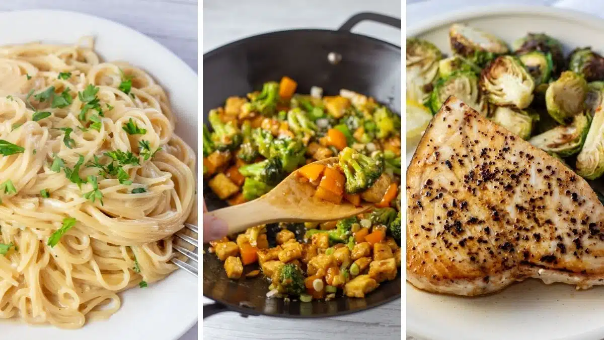 Good Friday meal ideas in a trio collage photo featuring angel hair pasta, tofu stir fry, and swordfish.