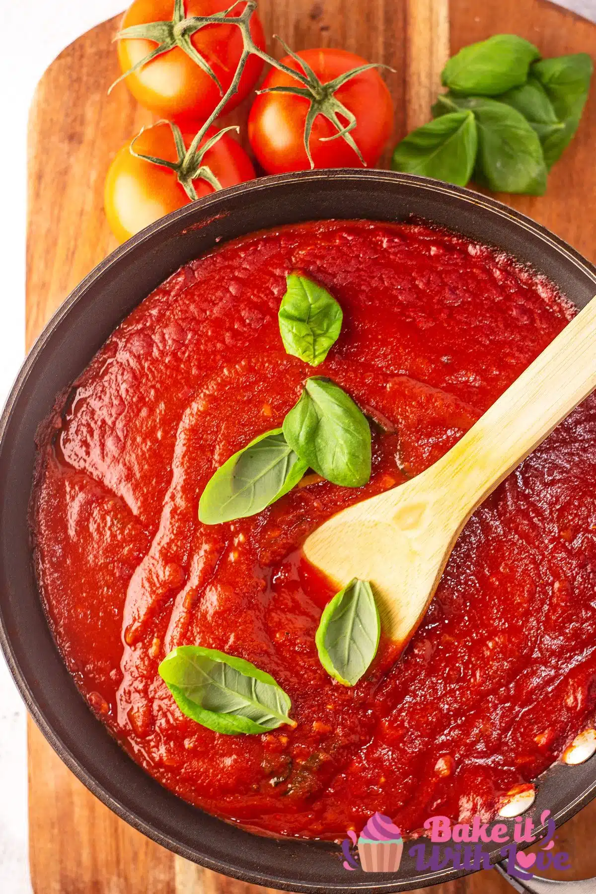 Salsa di pomodoro sauce simmered to thickened perfection in a skillet and ready to serve.
