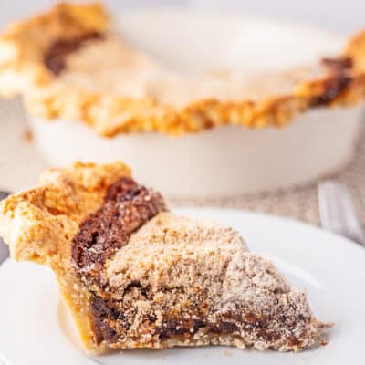 Best wet bottom shoofly pie recipe sliced and served on white plate.