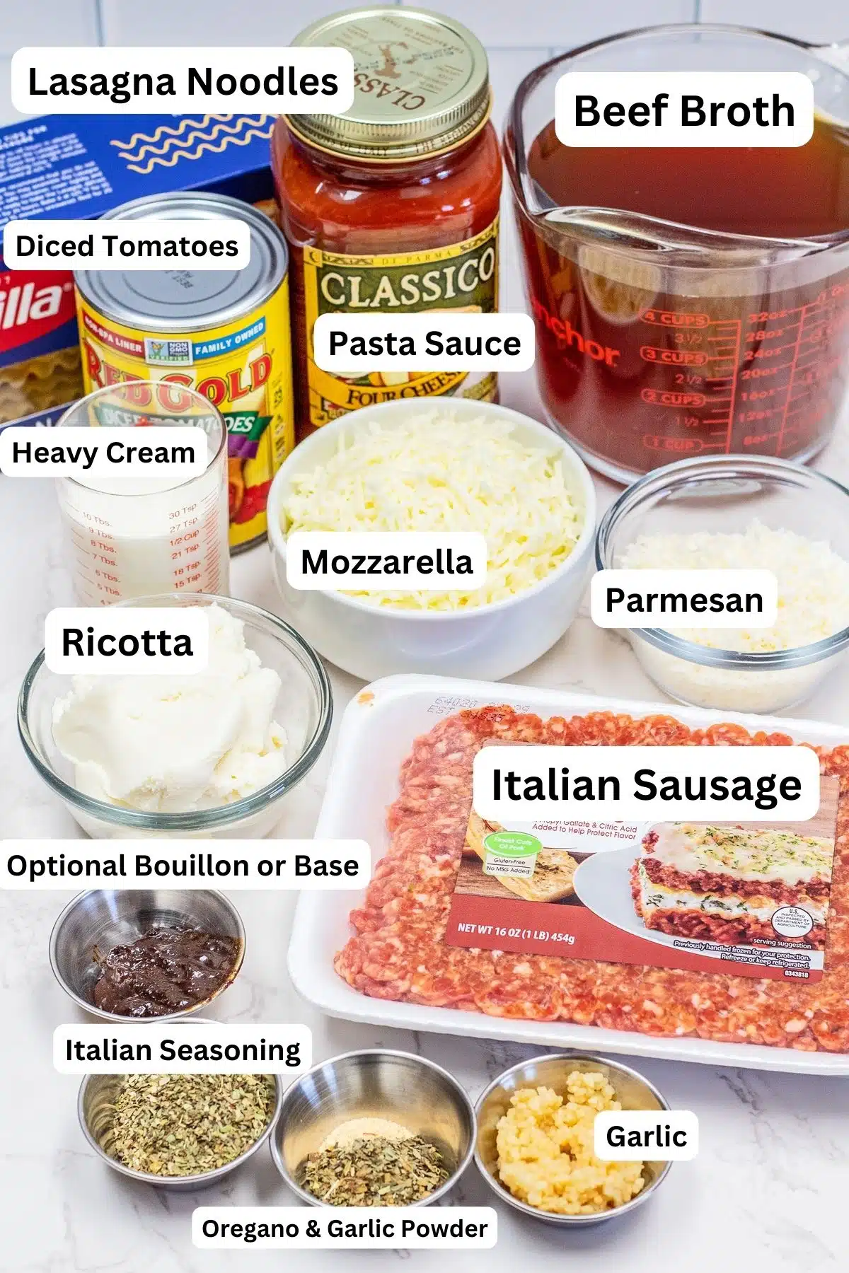 Best slow cooker lasagna soup recipe ingredients measured out and ready to combine.