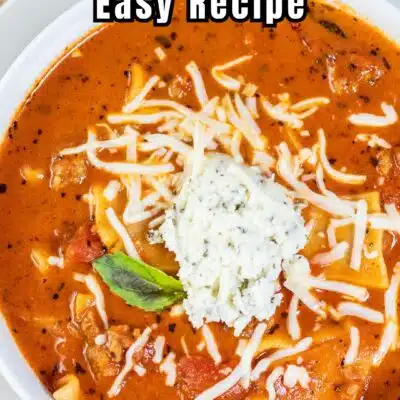 Best slow cooker lasagna soup recipe pin with text heading.