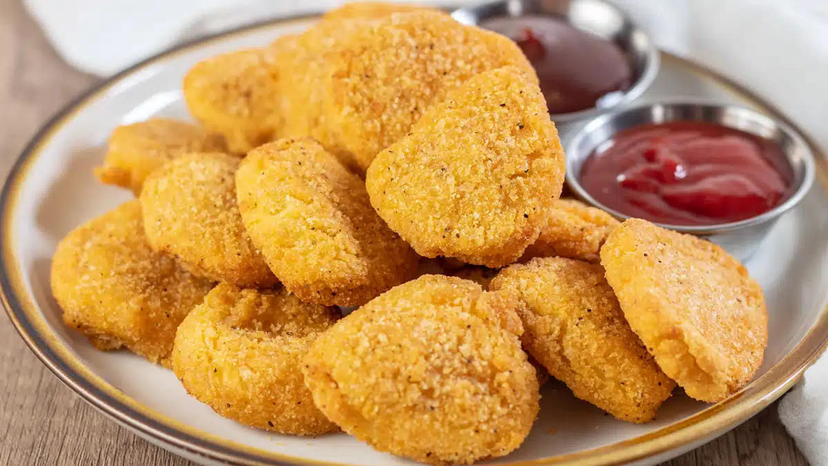 Wide image of air fried chicken nuggets on a plate with ketchup and BBQ sauce.