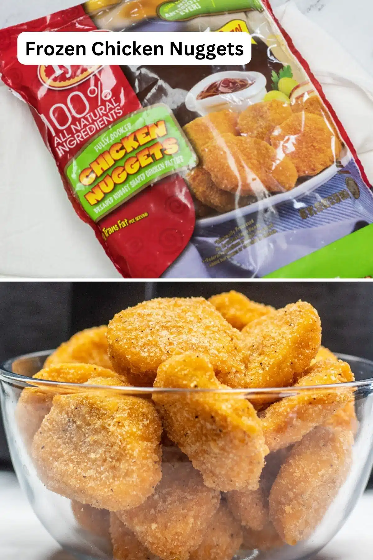 Tall image showing ingredients for these air fryer chicken nuggets from frozen.