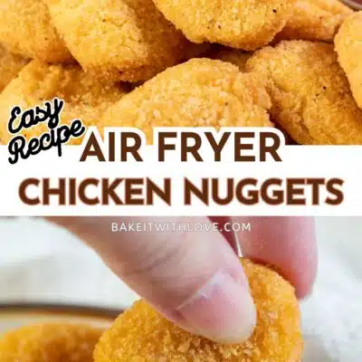 Pin image with text of air fried chicken nuggets on a plate with ketchup and BBQ sauce.