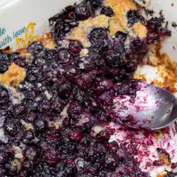 Wide image of Bisquick blueberry cobbler.