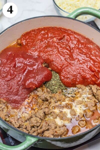 Baked ziti recipe process photo 4 add sauce, tomatoes, and seasoning.