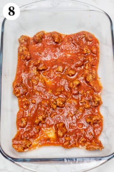 Baked ziti recipe process photo 8 add a layer of sauce to your casserole dish or 9x13.