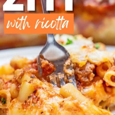Tasty baked ziti with ricotta and Italian sausage pin with text title header.