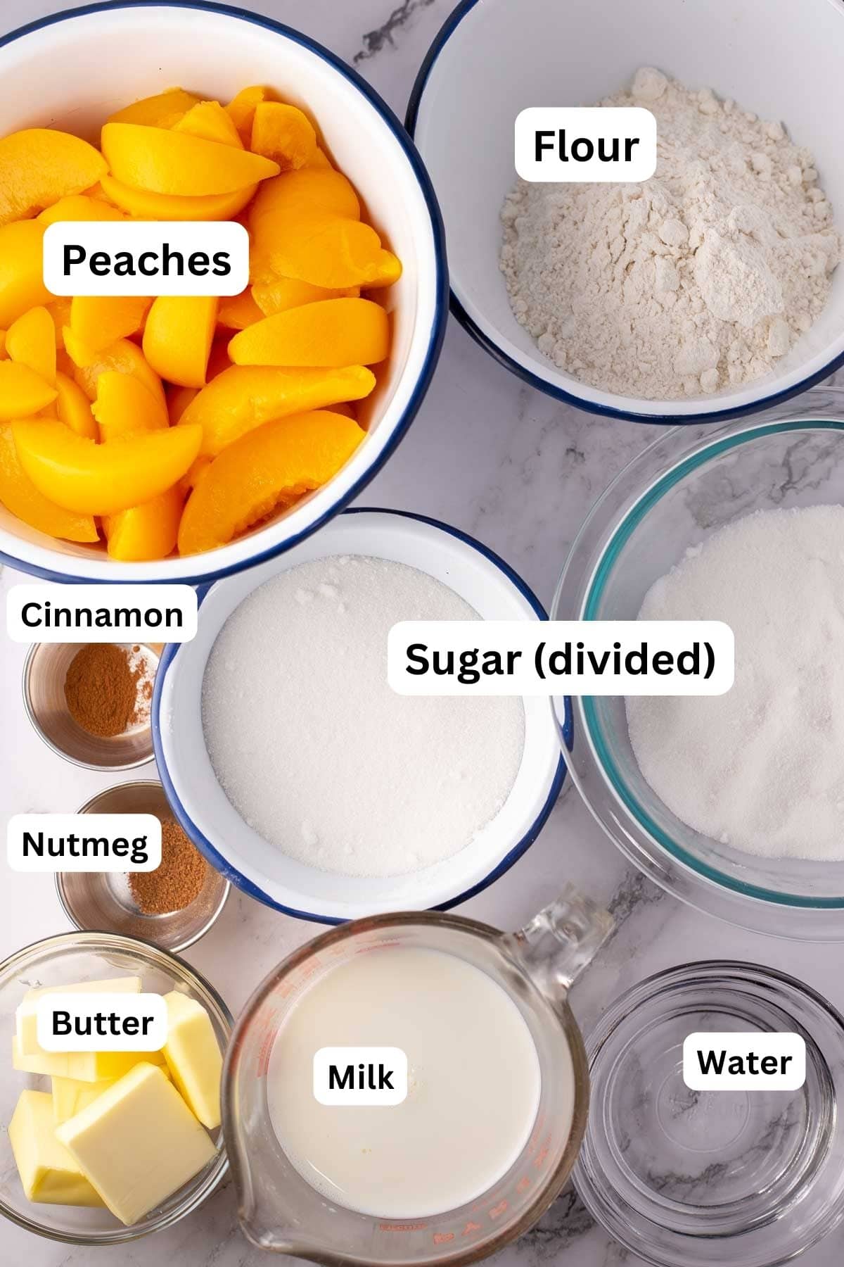 Paula Deen's Southern peach cobbler recipe ingredients measured out and labeled.