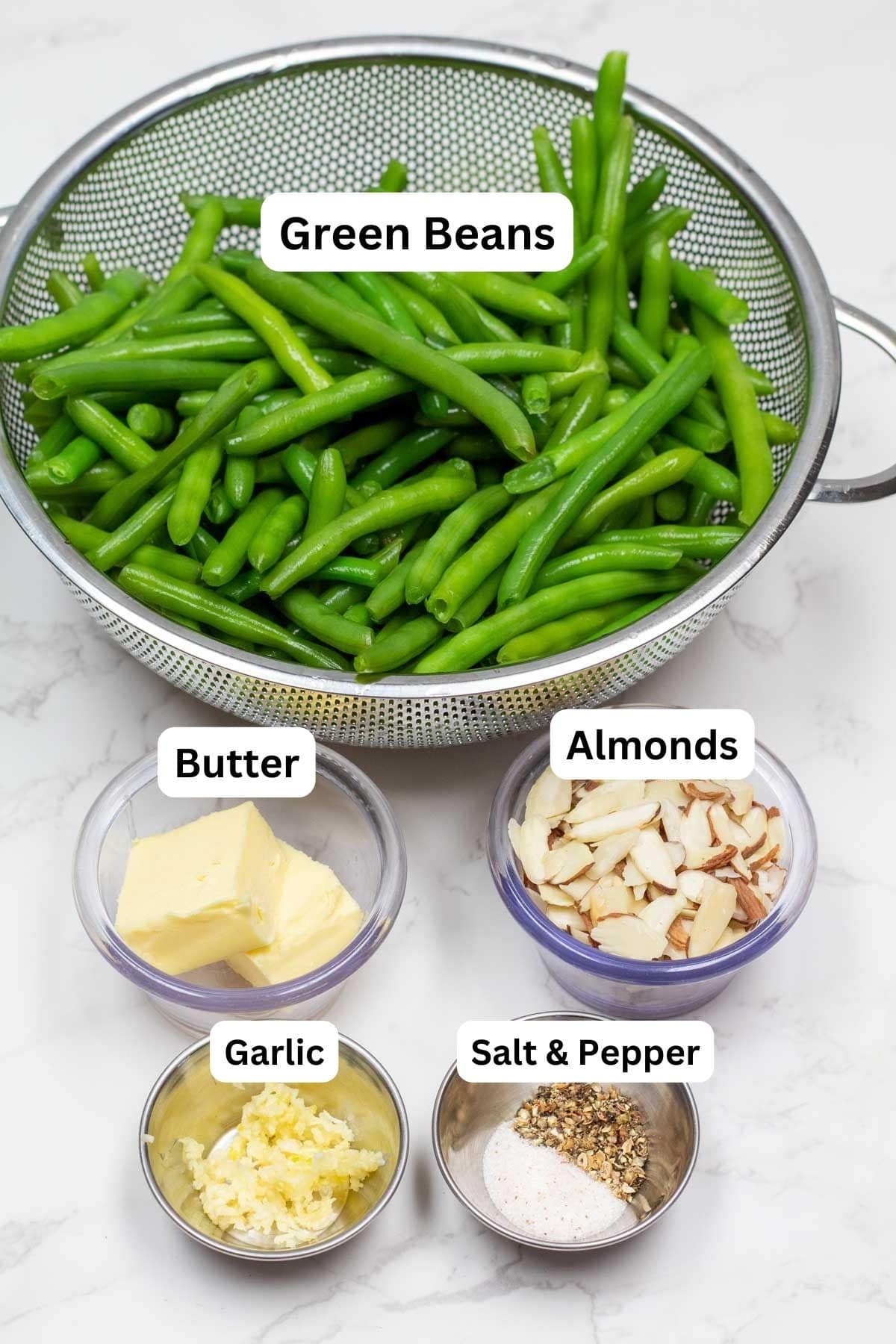 Tall image showing green beans almondine.