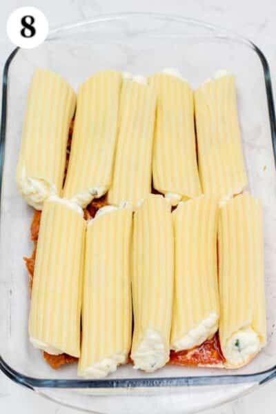 Stuffed manicotti with Italian sausage and ricotta filling process photo 8 place the filled manicotti in your baking dish.