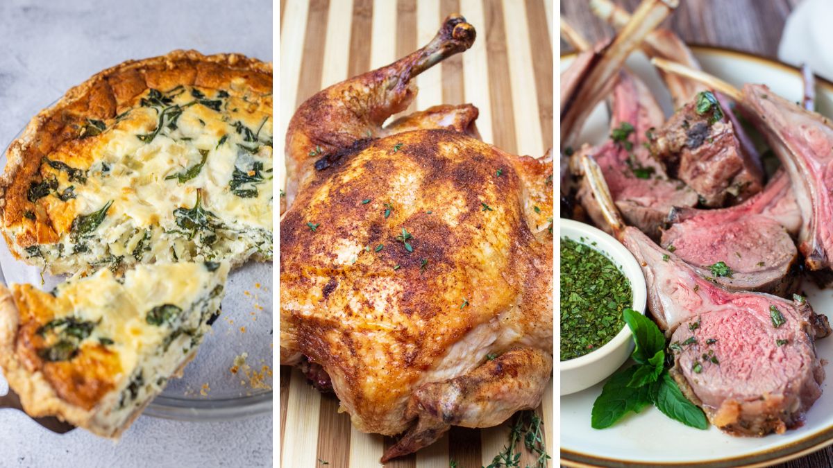 Three tasty Mother's Day dinner ideas in a trio collage featuring quiche, capon, and lamb.