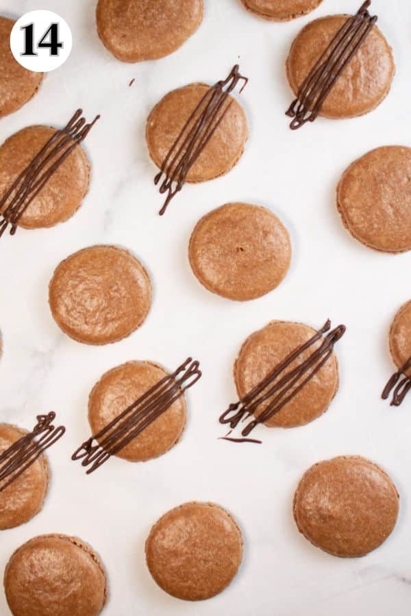 Chocolate macarons process photo 14 drizzling half of the macaron shells for the tops of the cookie sandwiches.