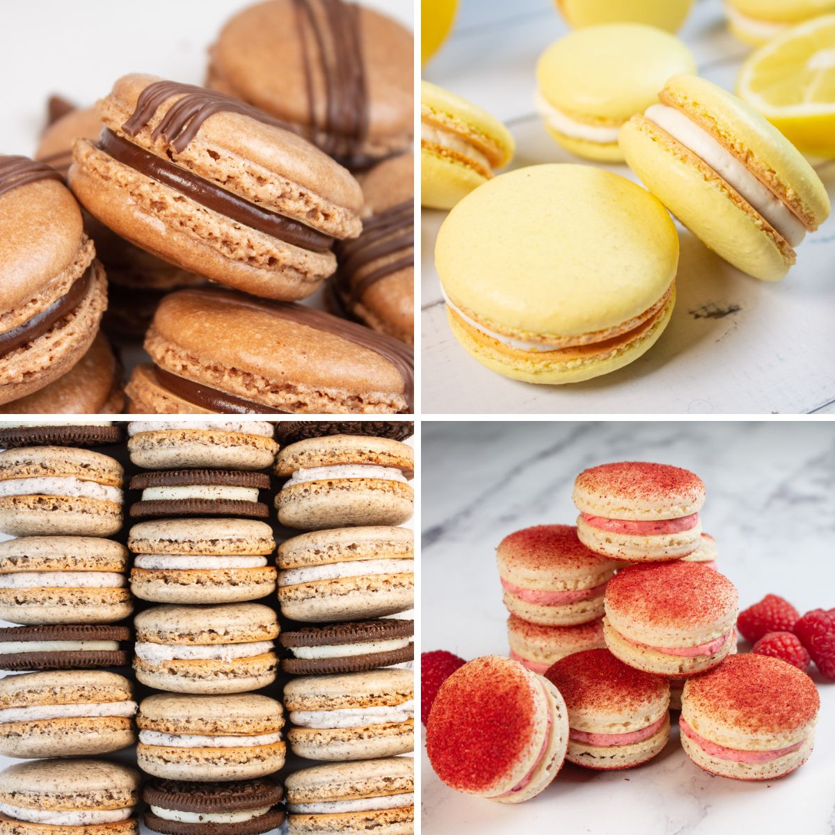 4 image collage featuring 4 tasty macaron flavors for my beginners guide to macarons.