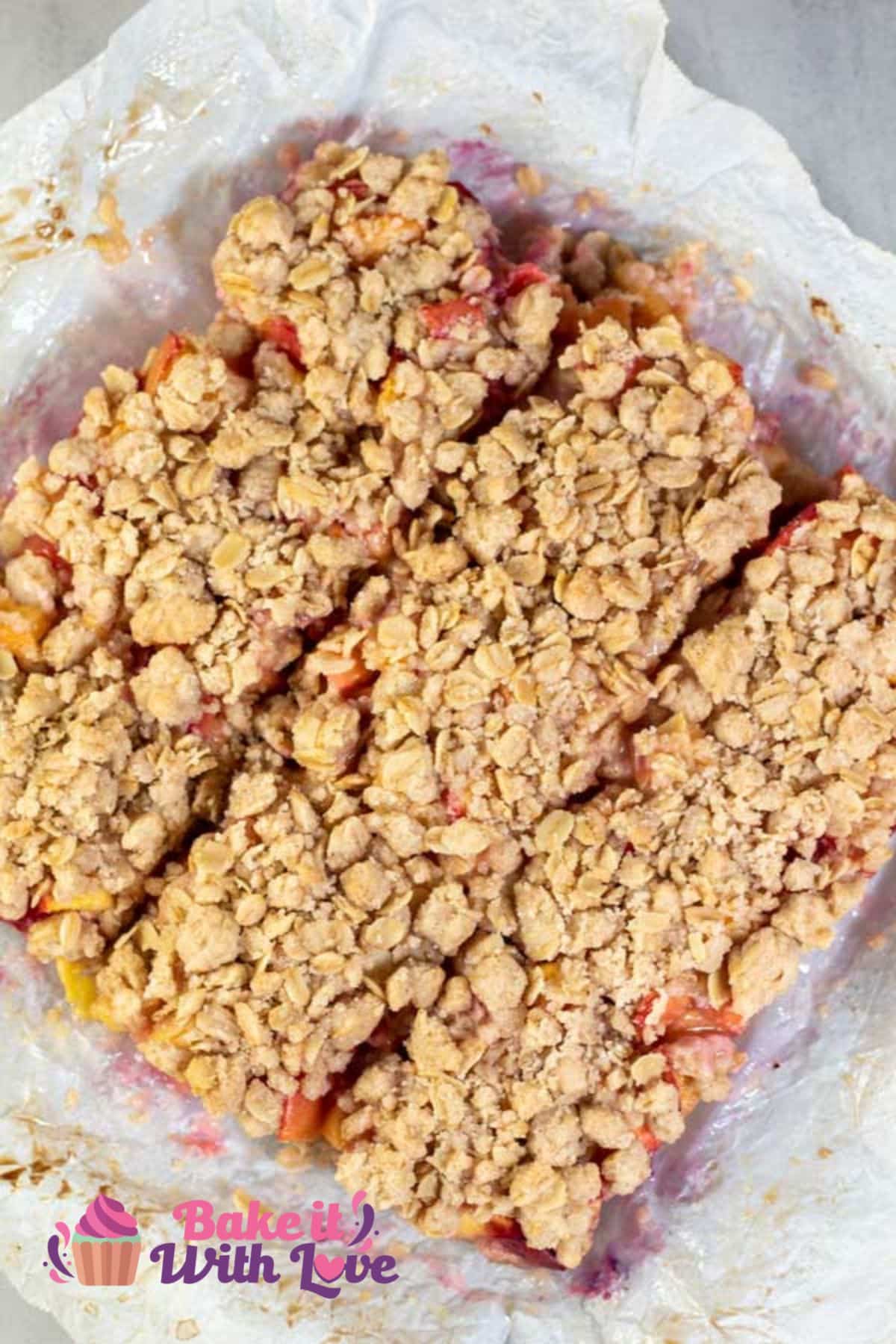 Tall overhead image of nectarine crumble bars.