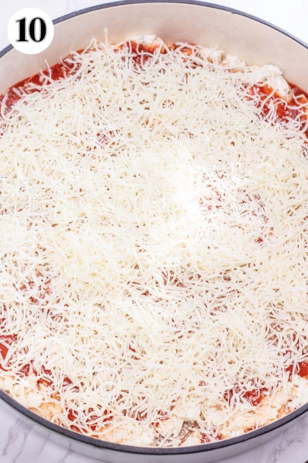 Baked ricotta chicken process photo 10 top with shredded mozzarella cheese.