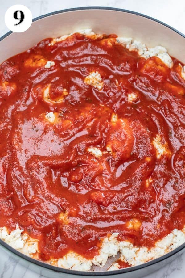 Baked ricotta chicken process photo 9 adding the second half of the tomato sauce.