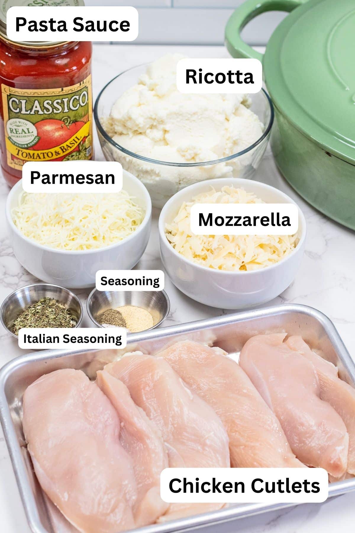 Baked ricotta chicken ingredients measured out with labels.