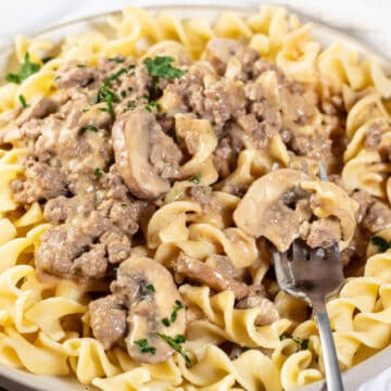 Wide image of ground beef stroganoff on a white plate.