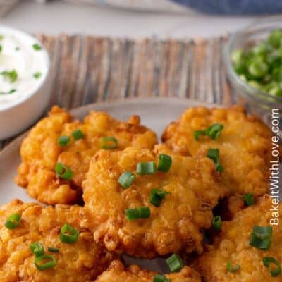 Pin image with text showing Southern corn fritters.