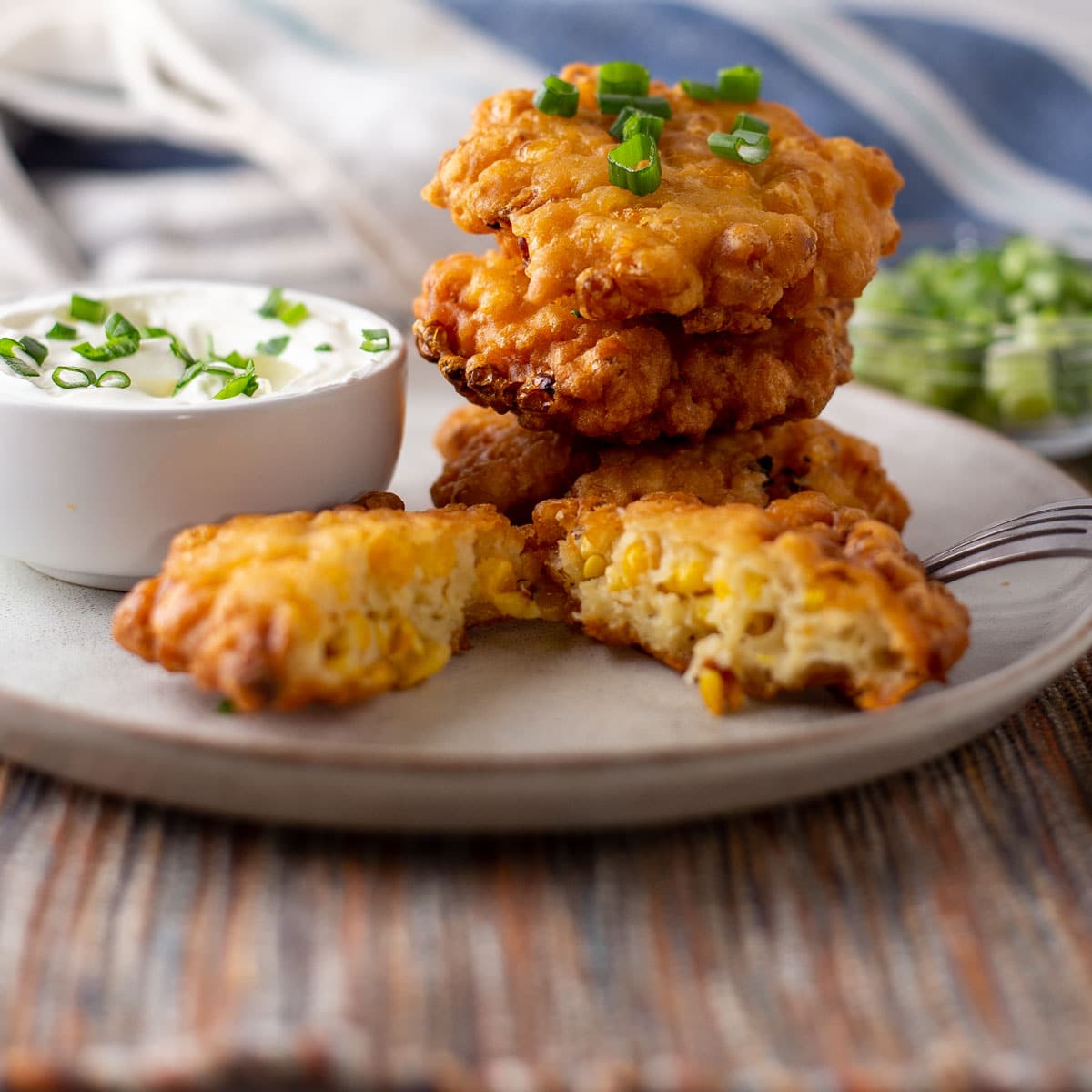 Square image showing Southern corn fritters.