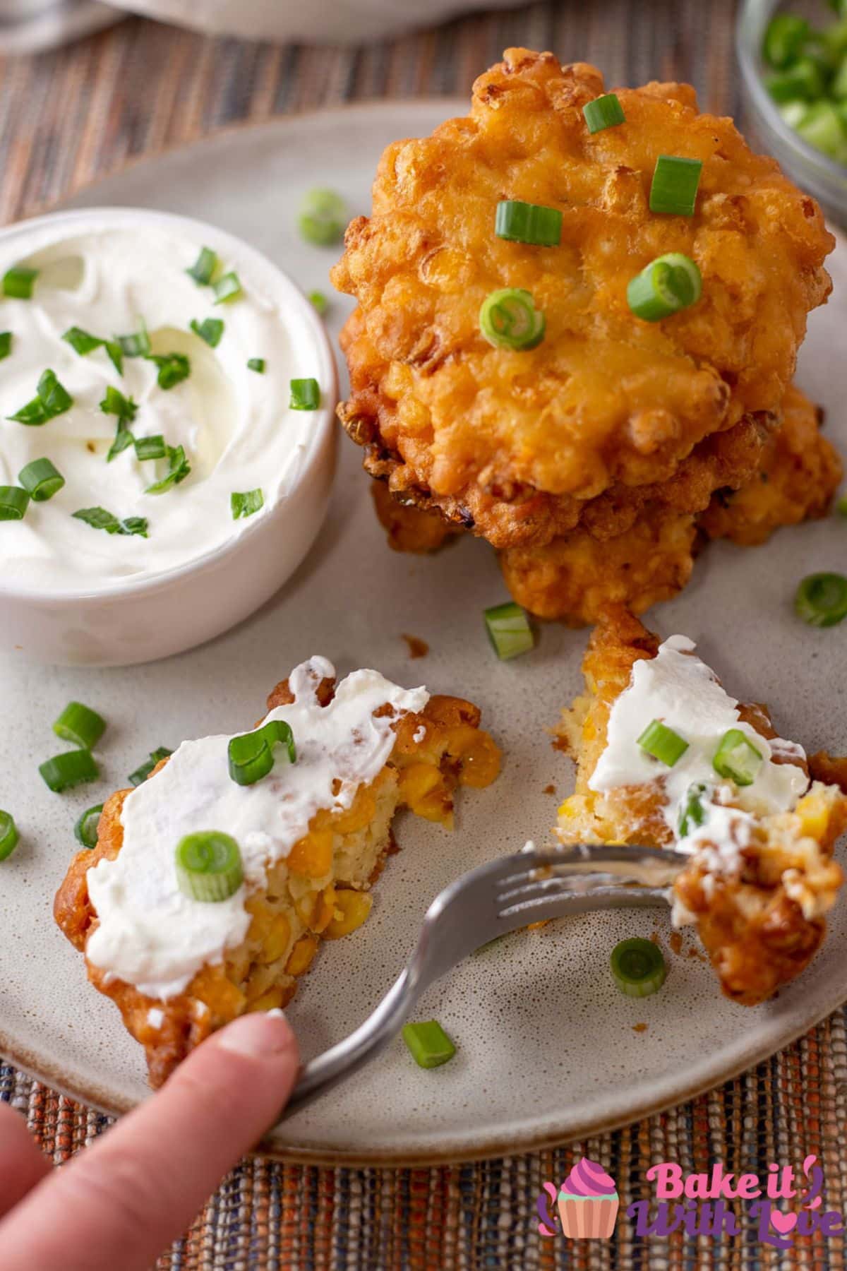 Tall image showing Southern corn fritters.