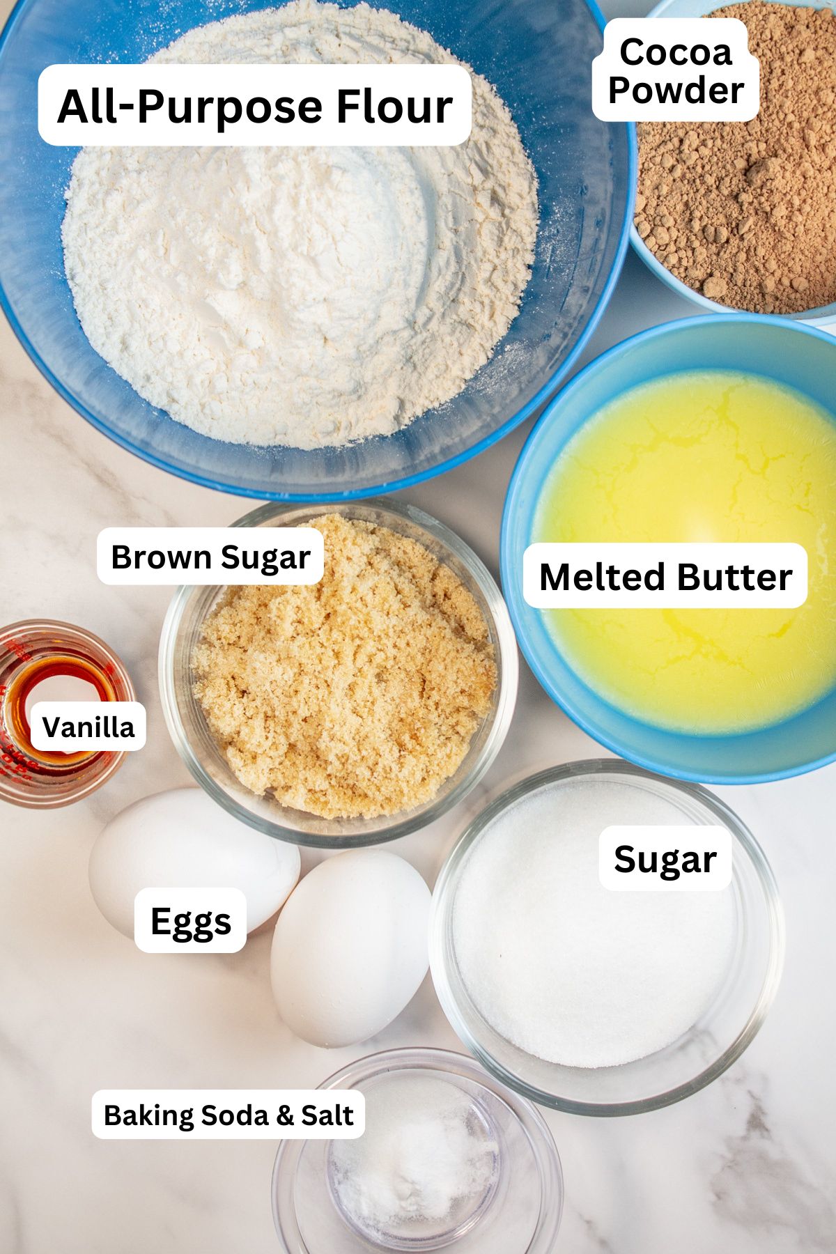 Brookies brownie ingredients measured out and labeled.