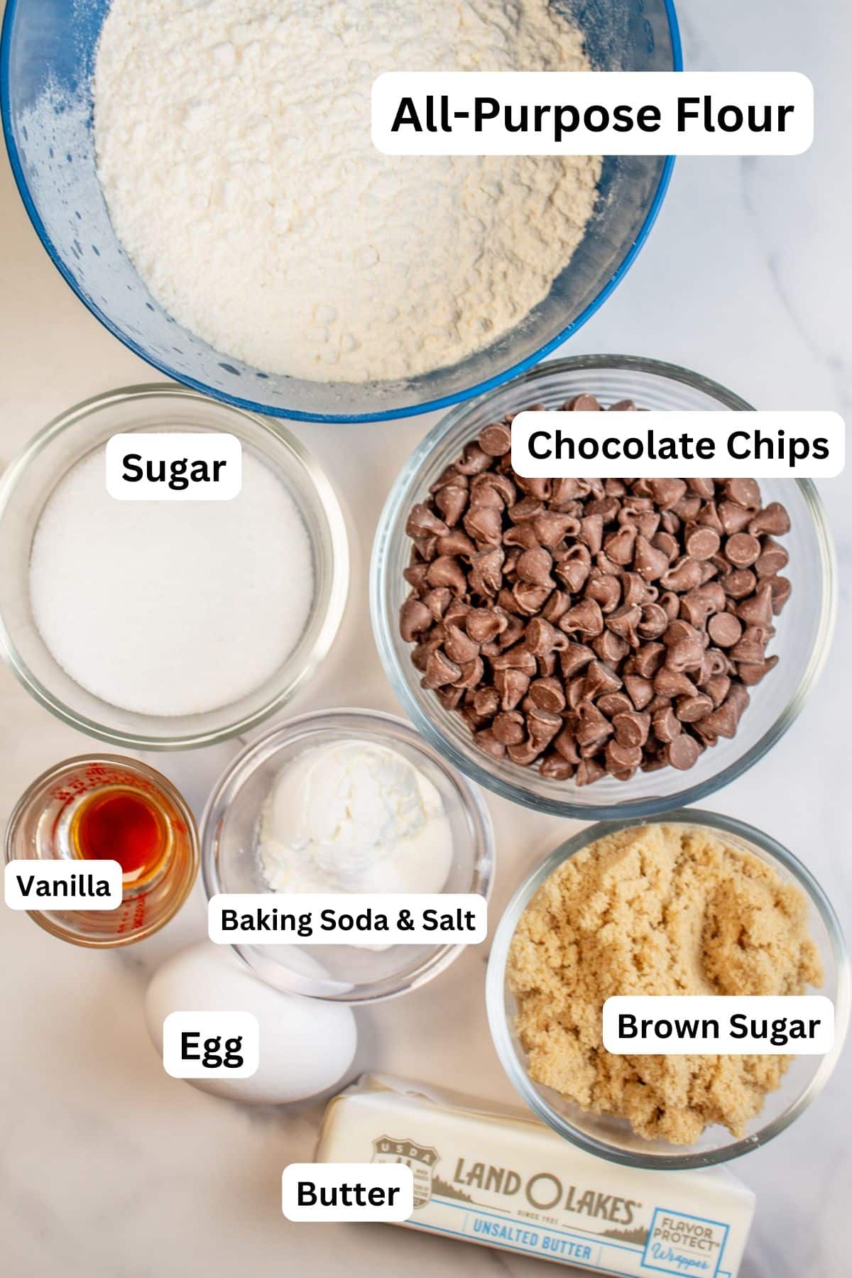 Brookies chocolate chip cookie ingredients measured out and labeled.