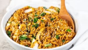 Wide image of Cantonese chow mein.