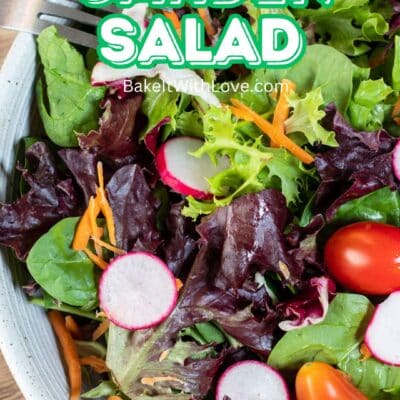 Pin overhead image with text of a green garden salad.