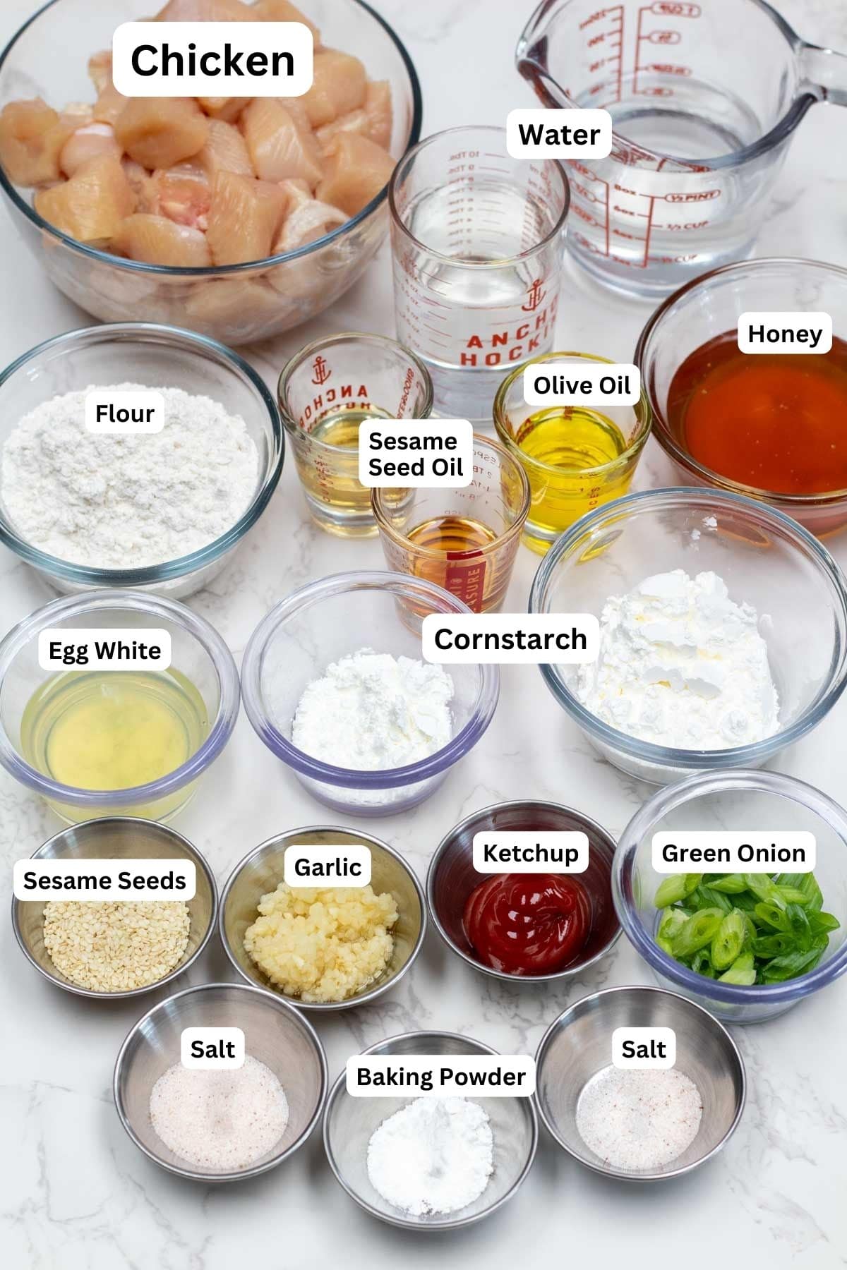 Tall image showing sesame chicken ingredients with labels.