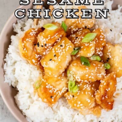 Pin image with text of honey sesame chicken and rice.