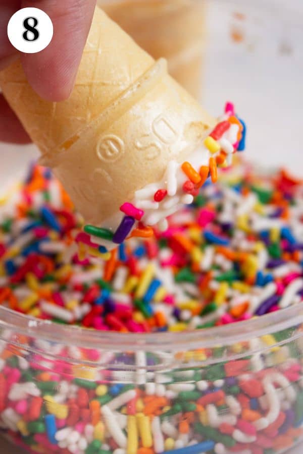 Ice cream cone cake pops process photo 8 rolling the ice cream cone cup edges in sprinkles.