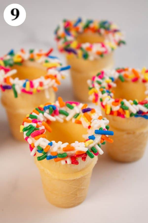 Ice cream cone cake pops process photo 9 sprinkled ice cream cone cups set aside to dry.