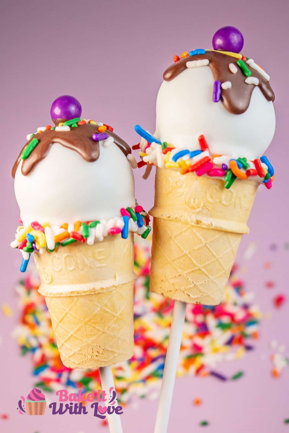 Best homemade ice cream cone cake pops to make topped with chocolate ganache and sprinkles.