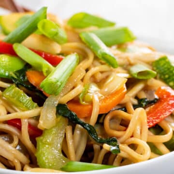 Wide image of stir fry lo mein noodles, with green onions.