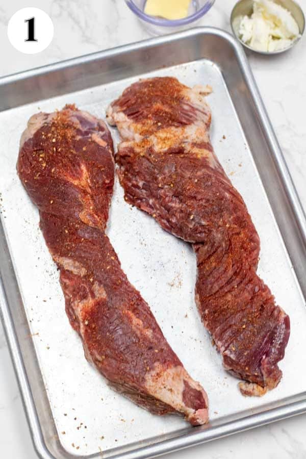 Process image 1 showing trimmed and seasoned hanger steaks.